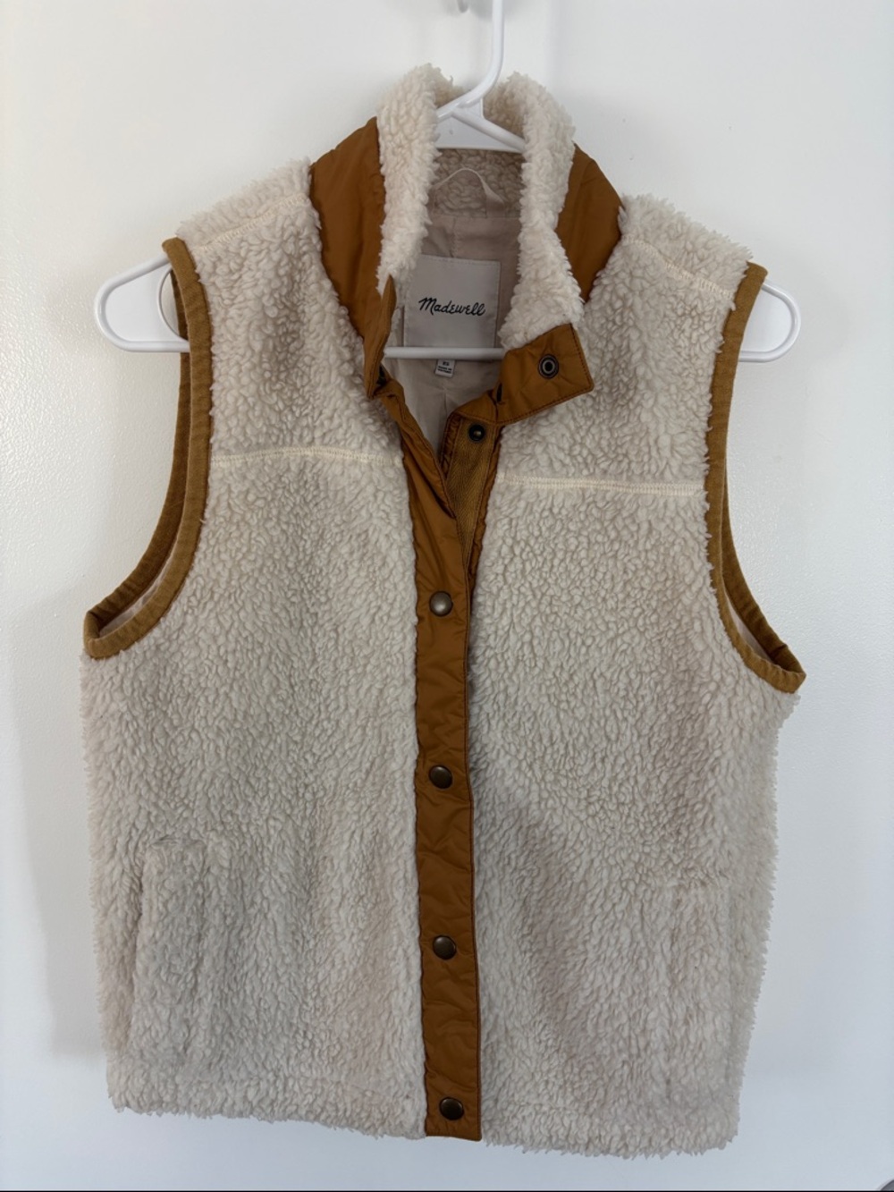 Madewell Cream Sherpa Vest with Camel Trim Accents